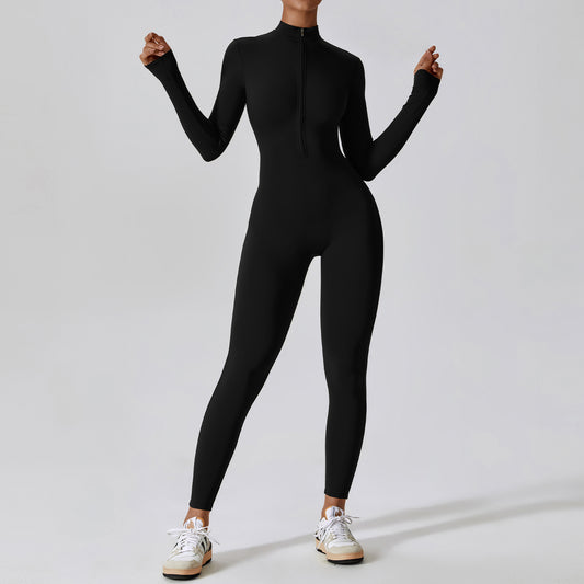 Damen Yoga-Boilersuit Langarm – Enganliegender Fitness-Jumpsuit mit Reißverschluss für Gym & High-Intensity-Workout
