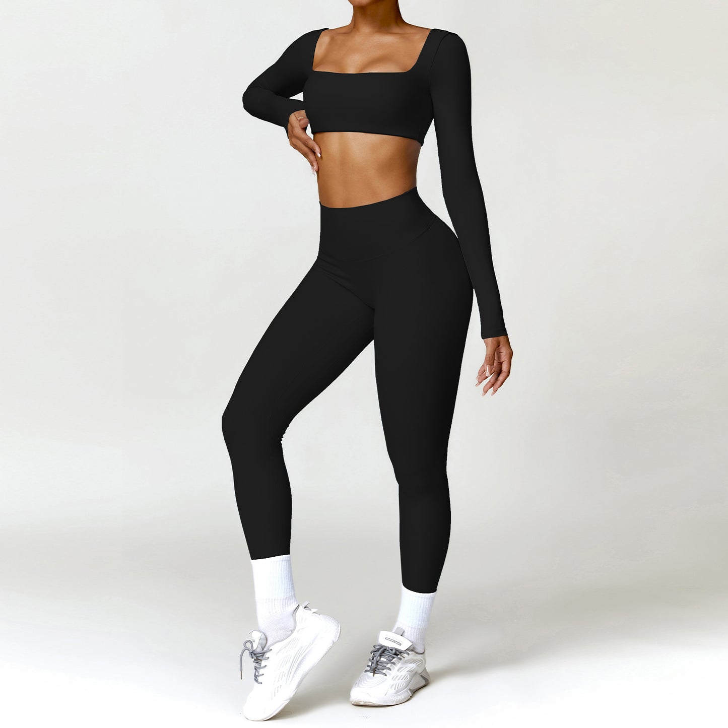 Damen Sportset 2-teilig – Yoga Fitness Leggings & Langarm Crop-Top