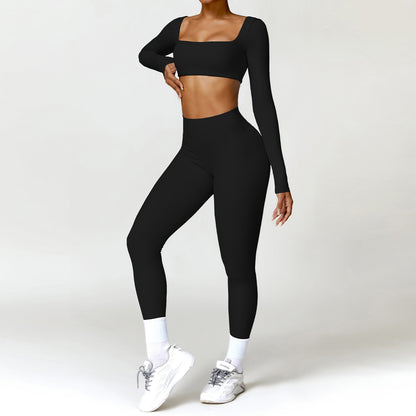 Damen Sportset 2-teilig – Yoga Fitness Leggings & Langarm Crop-Top
