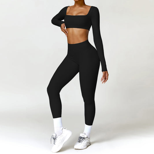 Damen Sportset 2-teilig – Yoga Fitness Leggings & Langarm Crop-Top