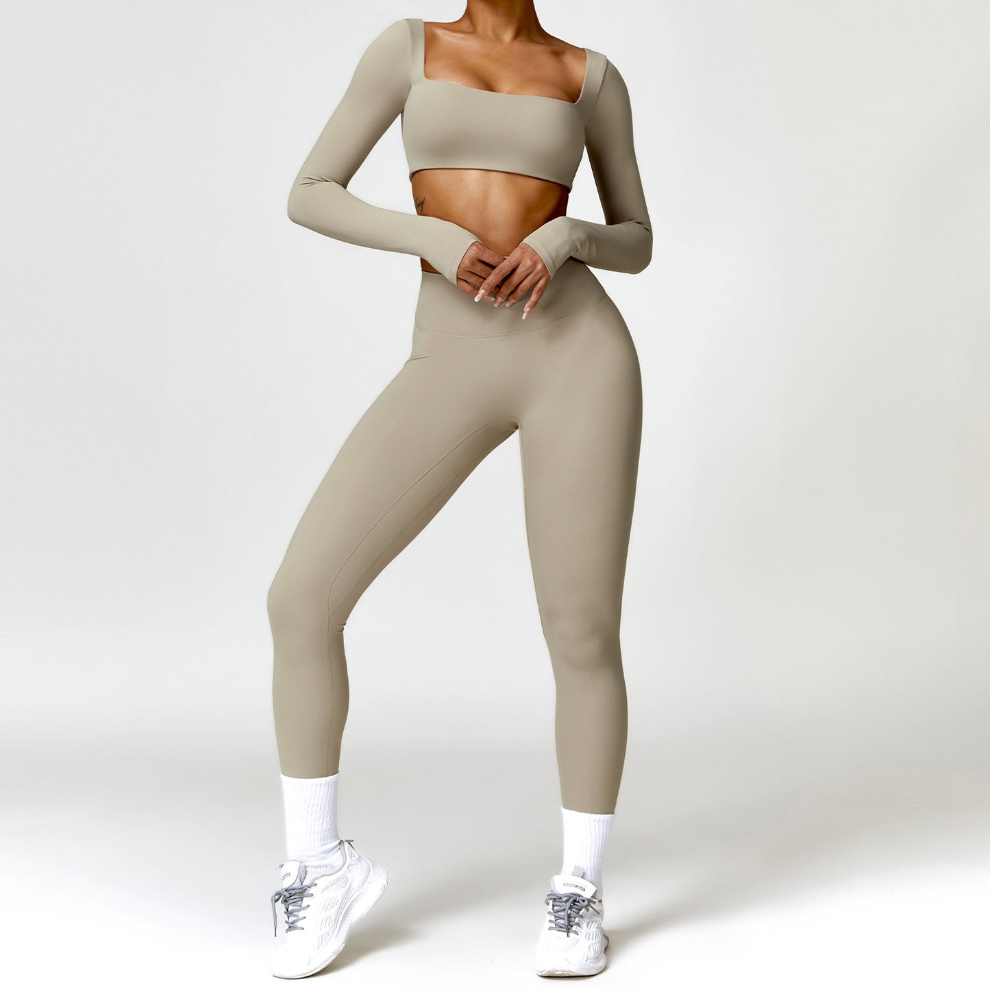 Damen Sportset 2-teilig – Yoga Fitness Leggings & Langarm Crop-Top