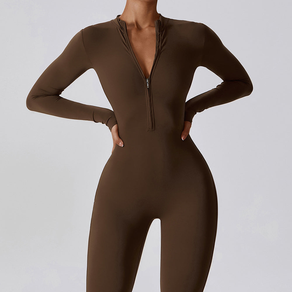 Damen Yoga-Boilersuit Langarm – Enganliegender Fitness-Jumpsuit mit Reißverschluss für Gym & High-Intensity-Workout