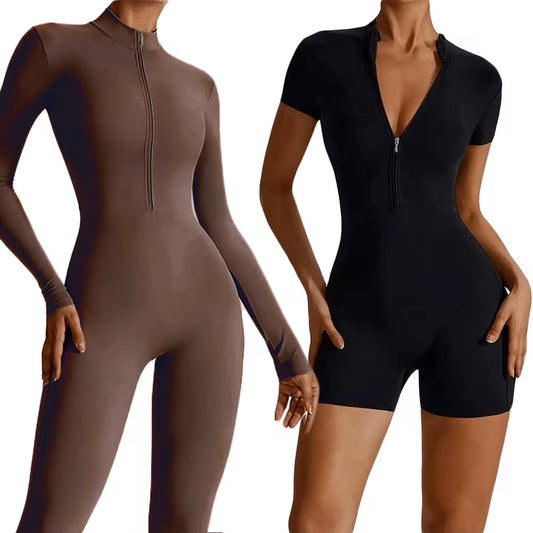 Sommer Damen Sport-Jumpsuit mit Reißverschluss – Kurzer Fitness Overall für Gym, Running & Yoga