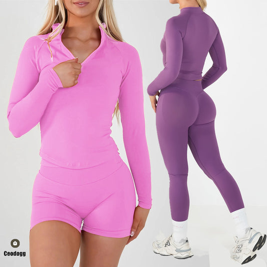 Damen Yoga- & Workout-Set mit Half-Zipper – Langarm Sportanzug mit Sport-BH für Gym, Running & Training (XP389)