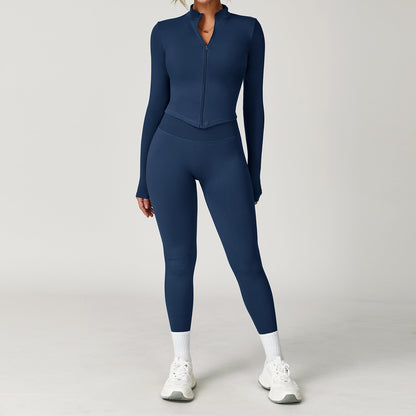 2-teiliges Damen Yoga-Sport-Set – Gym-Tracksuit mit langärmeligem Sportshirt & nahtlosen Leggings für Running & Workout