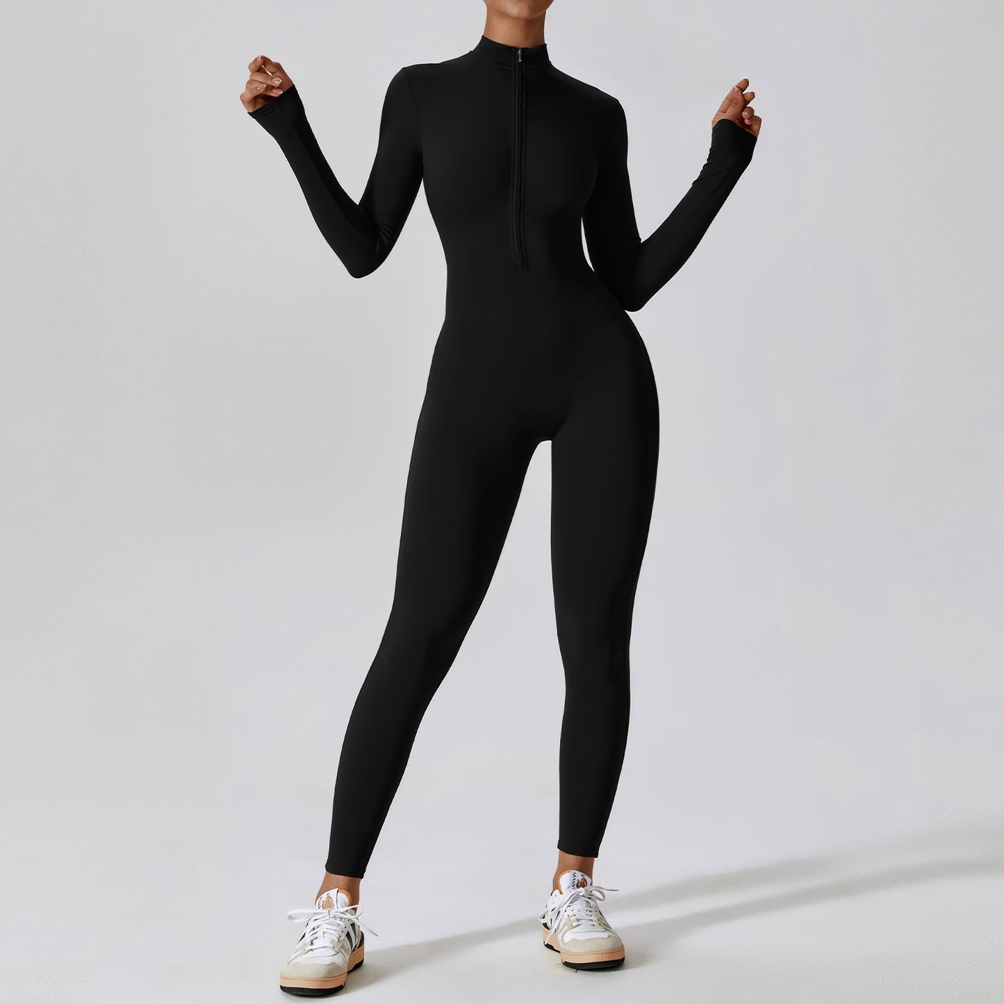 Damen Yoga-Boilersuit Langarm – Enganliegender Fitness-Jumpsuit mit Reißverschluss für Gym & High-Intensity-Workout