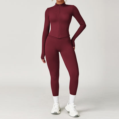 2-teiliges Damen Yoga-Sport-Set – Gym-Tracksuit mit langärmeligem Sportshirt & nahtlosen Leggings für Running & Workout