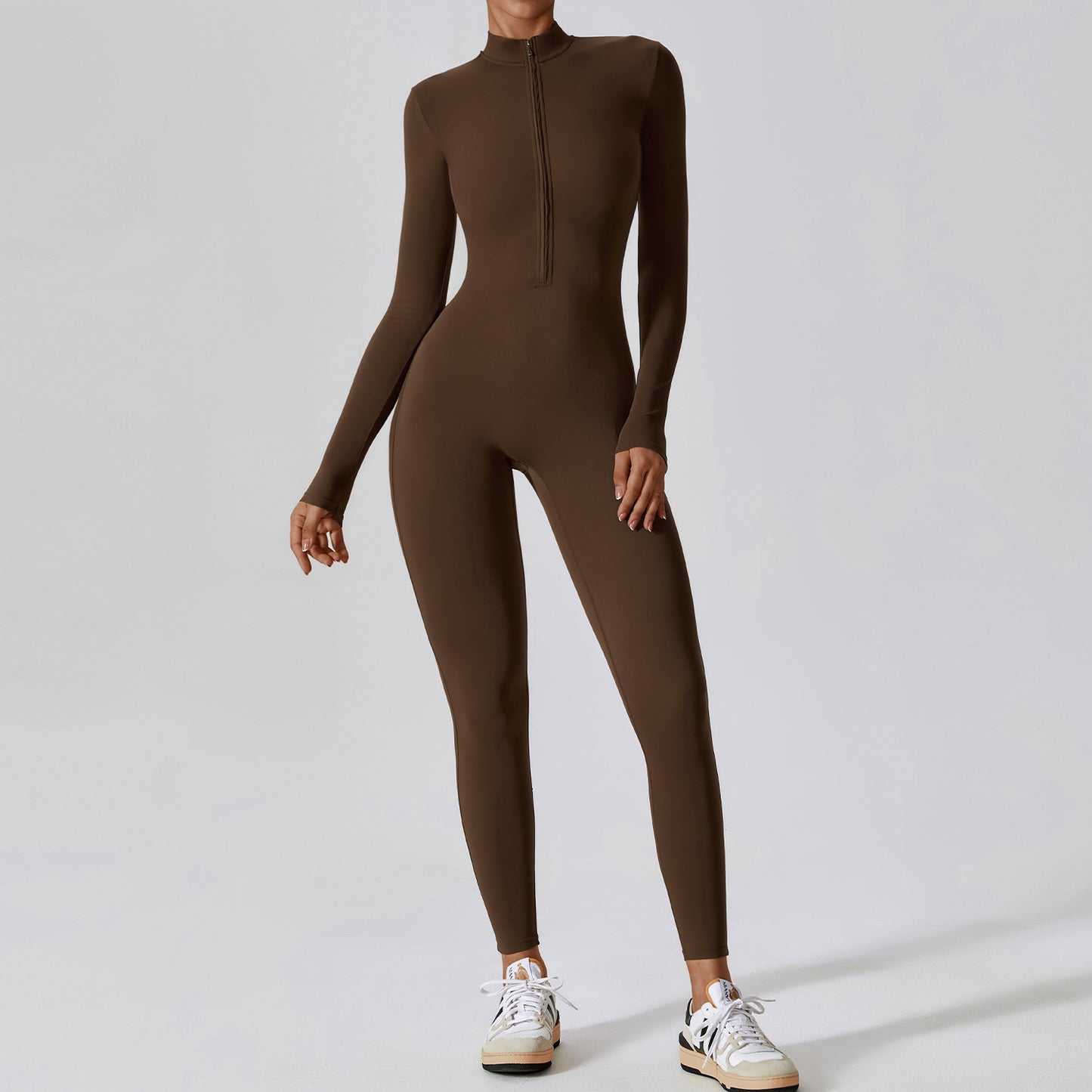 Damen Yoga-Boilersuit Langarm – Enganliegender Fitness-Jumpsuit mit Reißverschluss für Gym & High-Intensity-Workout