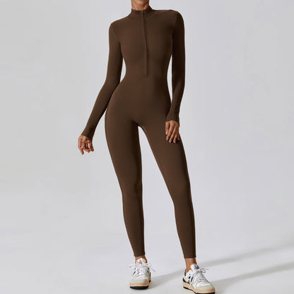 Damen Yoga-Boilersuit Langarm – Enganliegender Fitness-Jumpsuit mit Reißverschluss für Gym & High-Intensity-Workout
