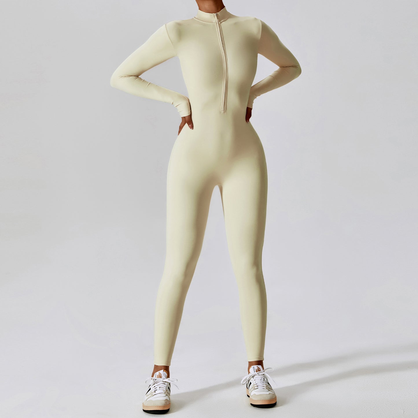 Damen Yoga-Boilersuit Langarm – Enganliegender Fitness-Jumpsuit mit Reißverschluss für Gym & High-Intensity-Workout
